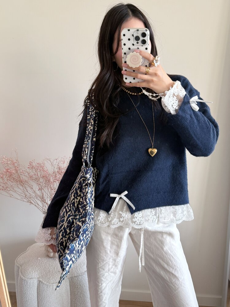 Micky Small Ruffle Flower Shopper Bag / Navy Blue