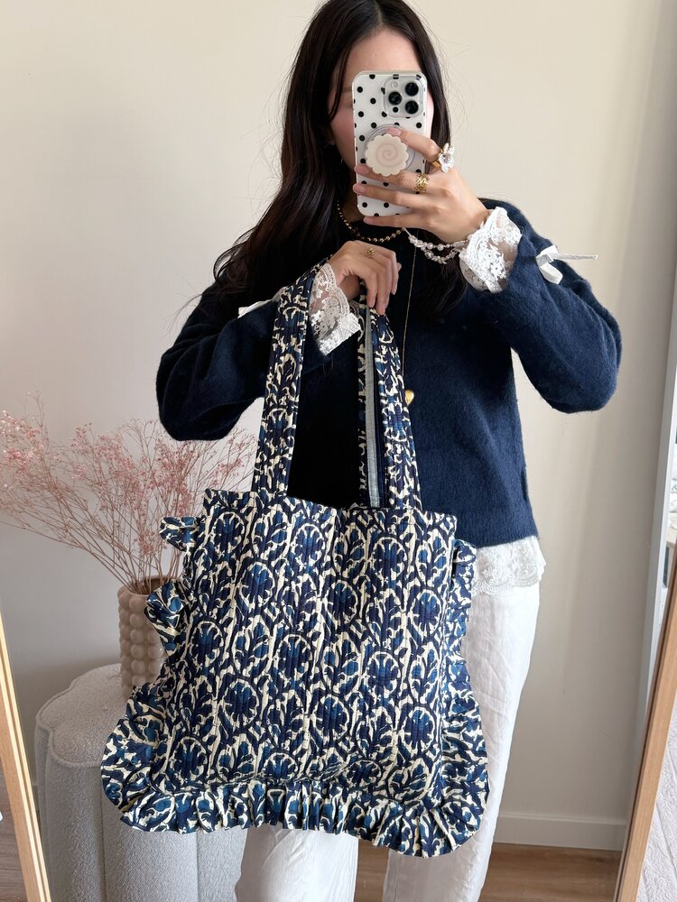 Micky Small Ruffle Flower Shopper Bag / Navy Blue