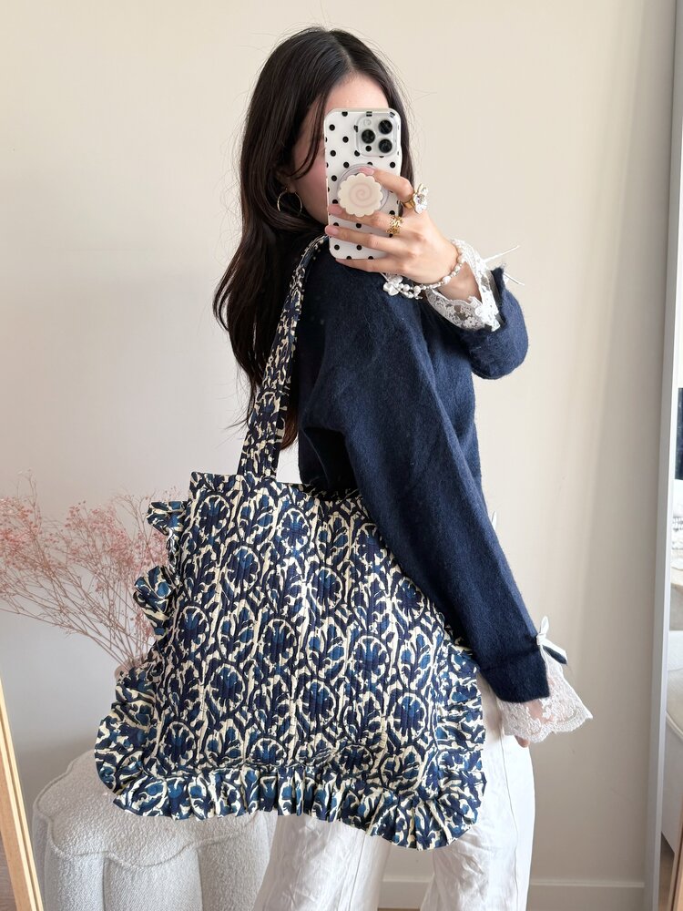Micky Small Ruffle Flower Shopper Bag / Navy Blue