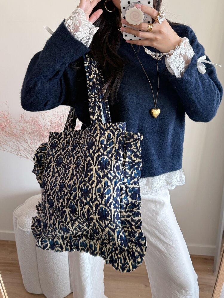 Micky Small Ruffle Flower Shopper Bag / Navy Blue