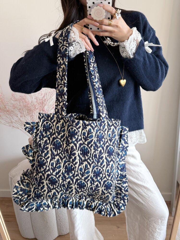 Micky Small Ruffle Flower Shopper Bag / Navy Blue