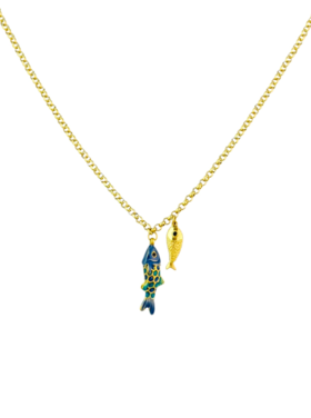 Gold Double Fish Necklace / Blue