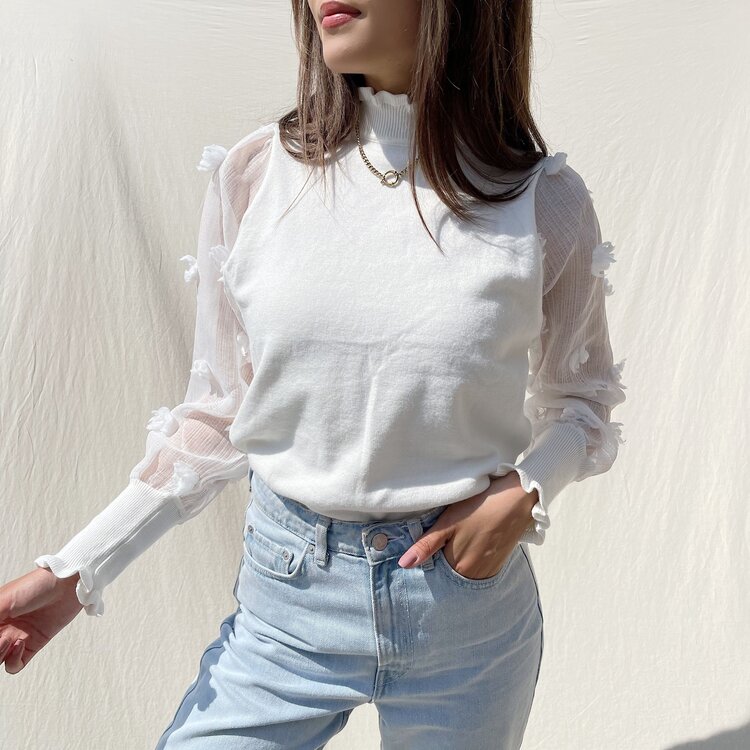 Claretta Flower Mesh Sleeve Top / White