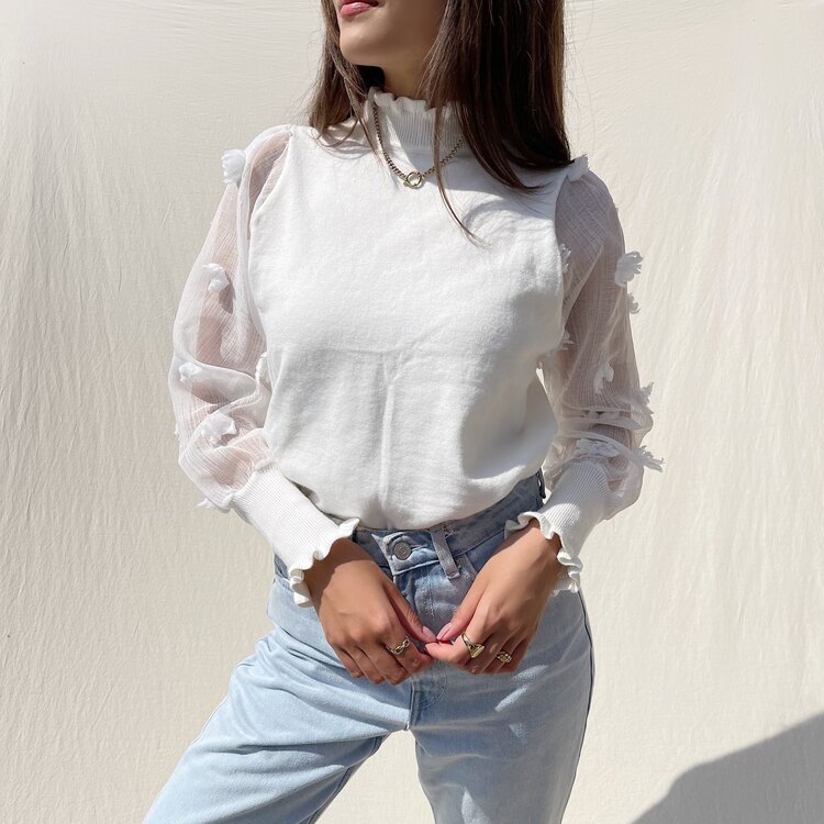 Claretta Flower Mesh Sleeve Top / White