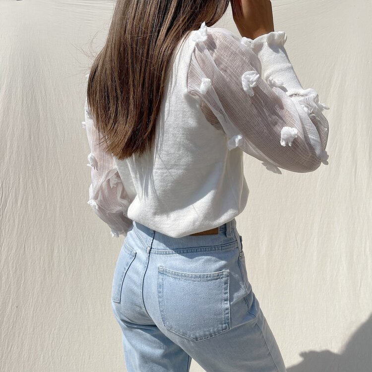 Claretta Flower Mesh Sleeve Top / White