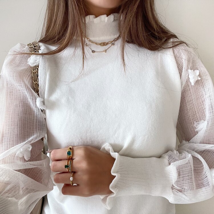 Claretta Flower Mesh Sleeve Top / White