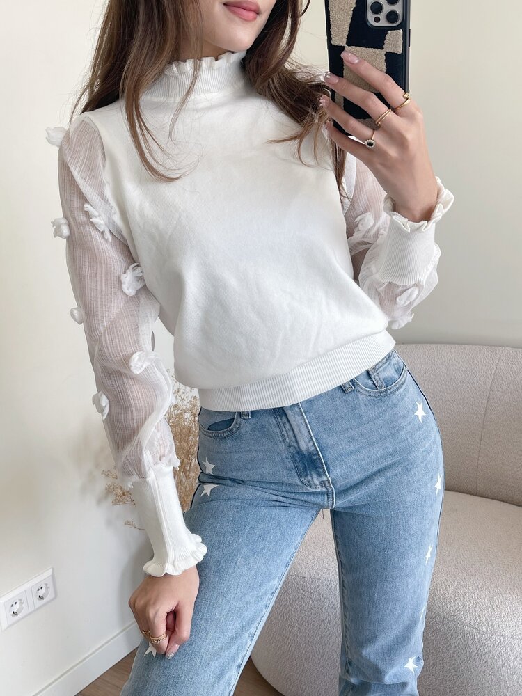 Claretta Flower Mesh Sleeve Top / White