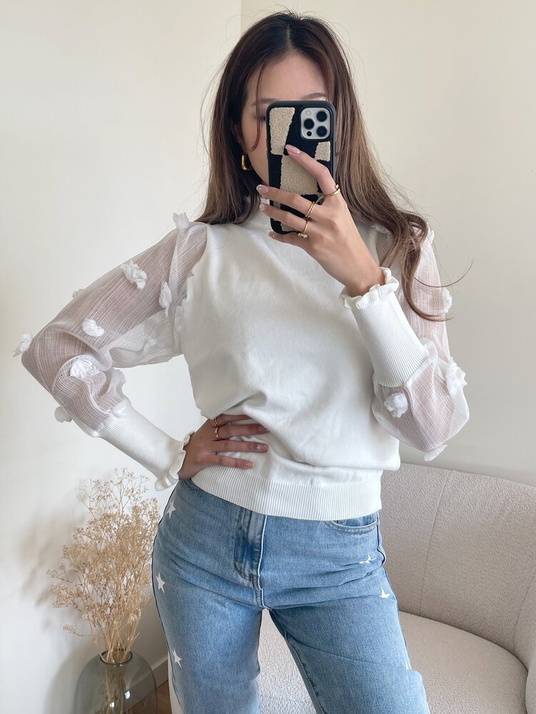 Claretta Flower Mesh Sleeve Top / White