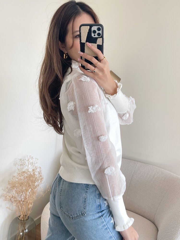 Claretta Flower Mesh Sleeve Top / White