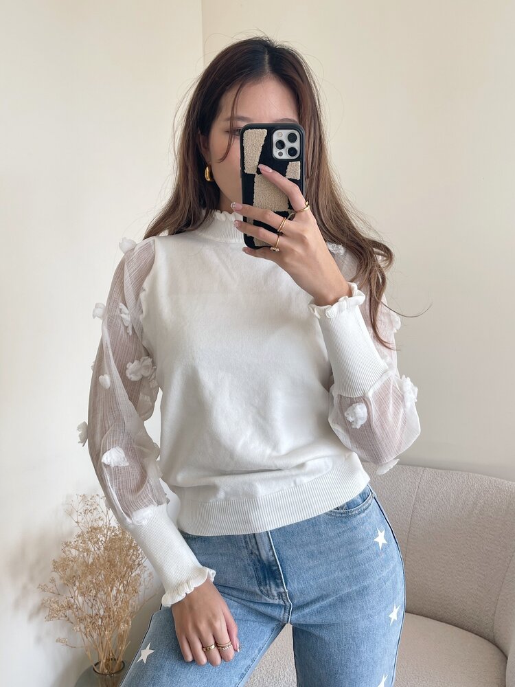Claretta Flower Mesh Sleeve Top / White