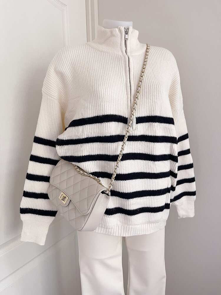 Loreli Striped Zip Sweater / Cream