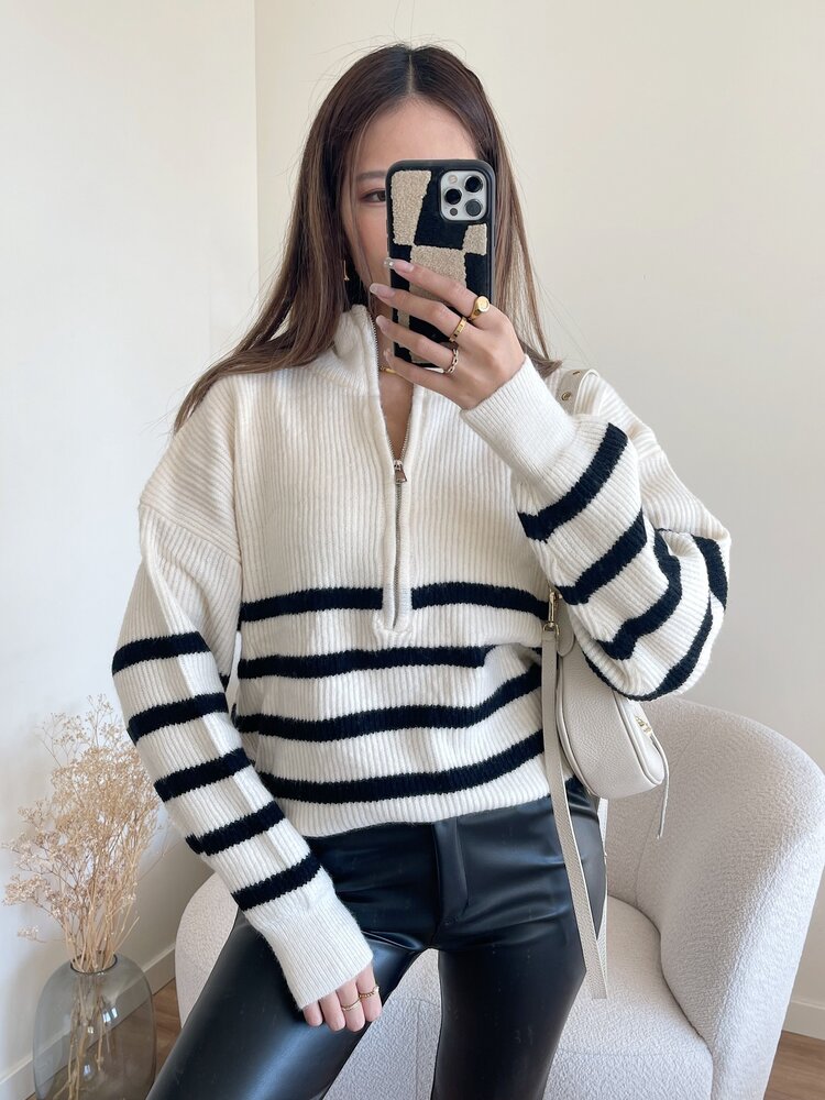 Loreli Striped Zip Sweater / Cream