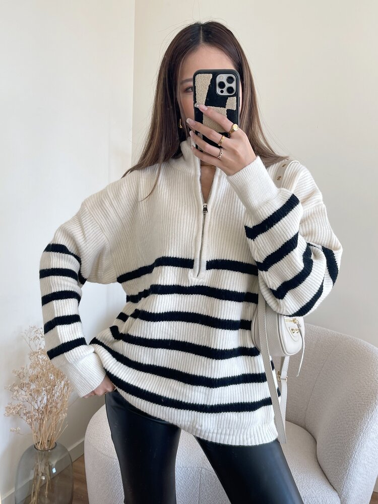Loreli Striped Zip Sweater / Cream