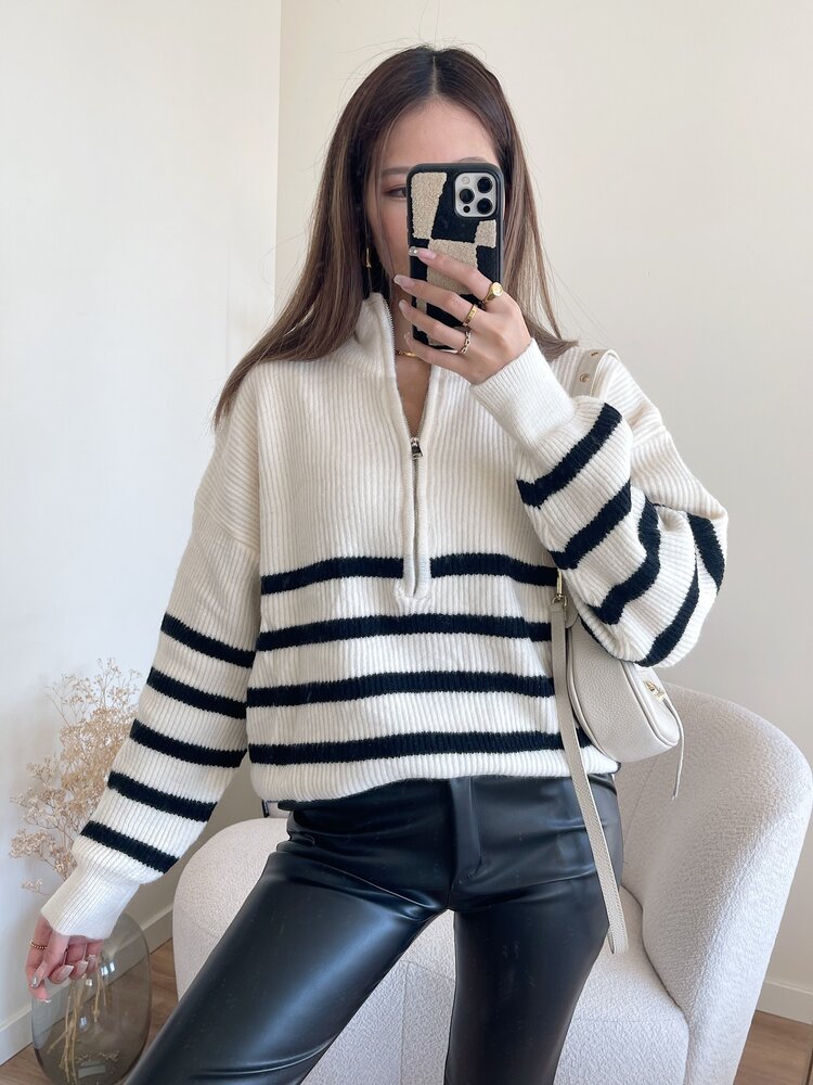 Loreli Striped Zip Sweater / Cream