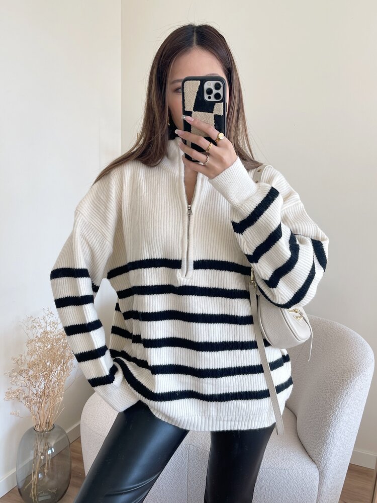 Loreli Striped Zip Sweater / Cream