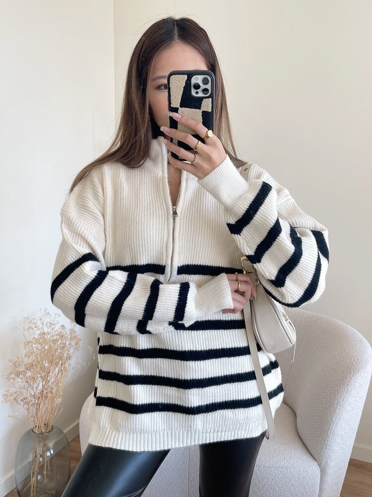 Loreli Striped Zip Sweater / Cream