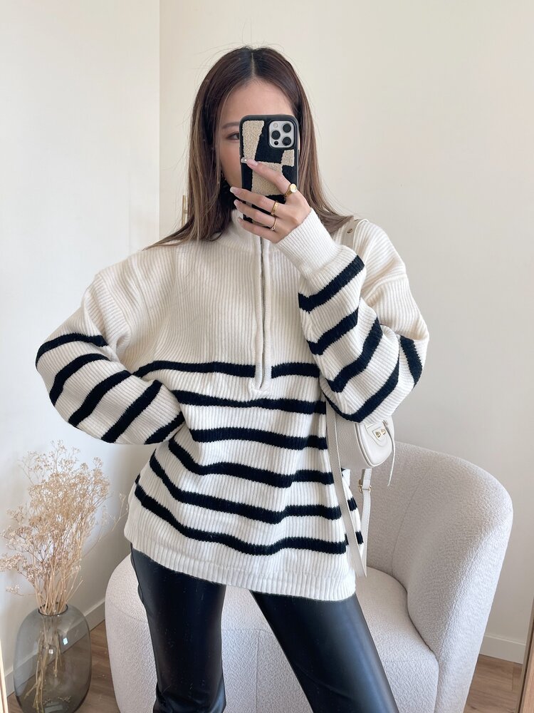 Loreli Striped Zip Sweater / Cream