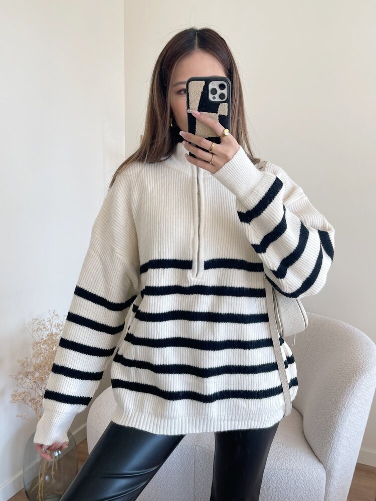 Loreli Striped Zip Sweater / Cream