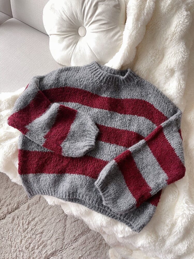 Lucia Oversized Striped Sweater / Grey & Bordeaux Red