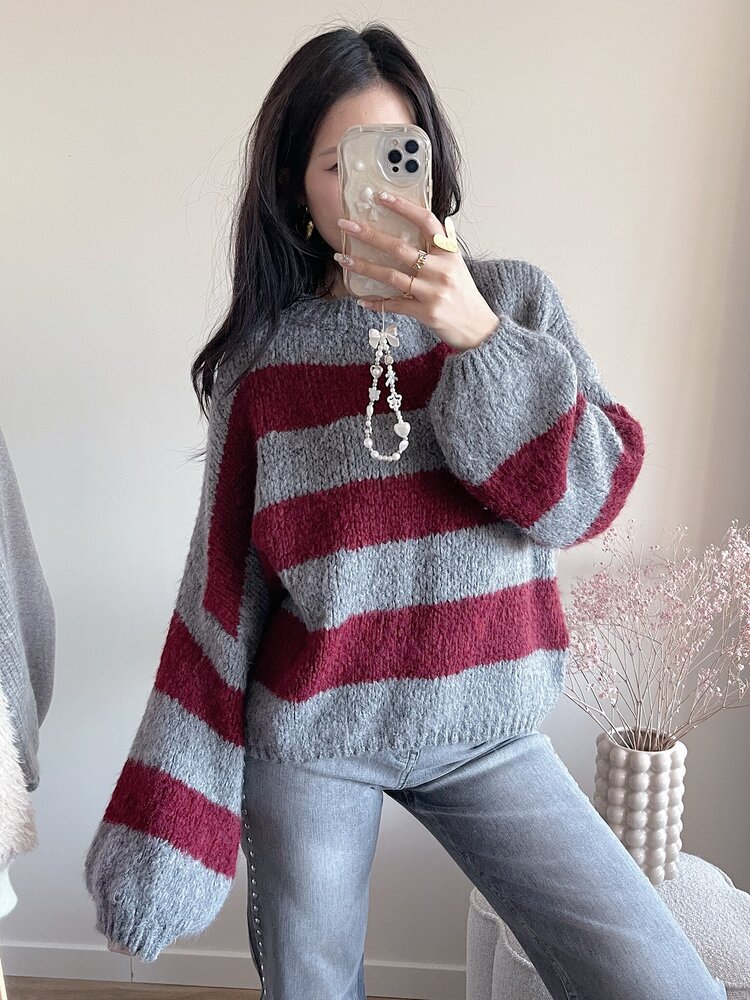 Lucia Oversized Striped Sweater / Grey & Bordeaux Red