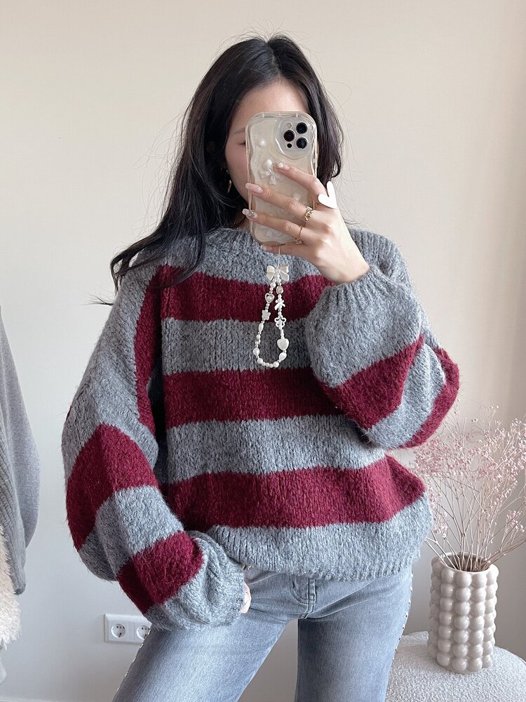 Lucia Oversized Striped Sweater / Grey & Bordeaux Red