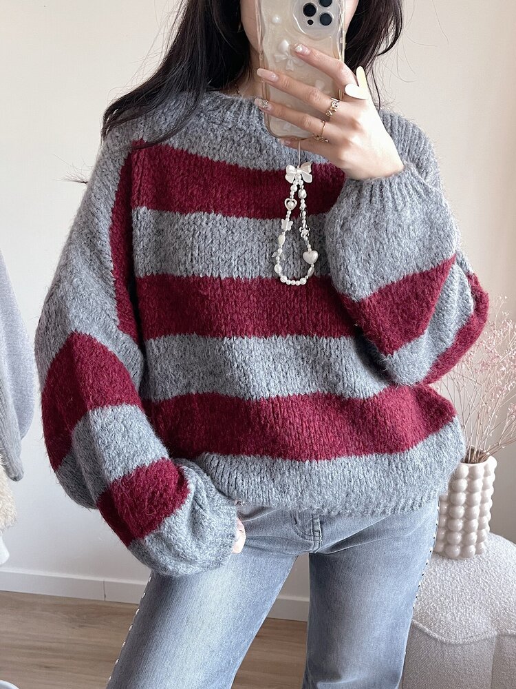 Lucia Oversized Striped Sweater / Grey & Bordeaux Red