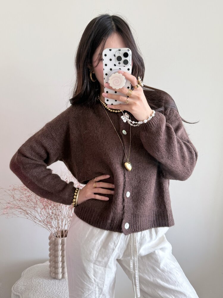 Lydia Fluffy Knit Cardigan / Brown
