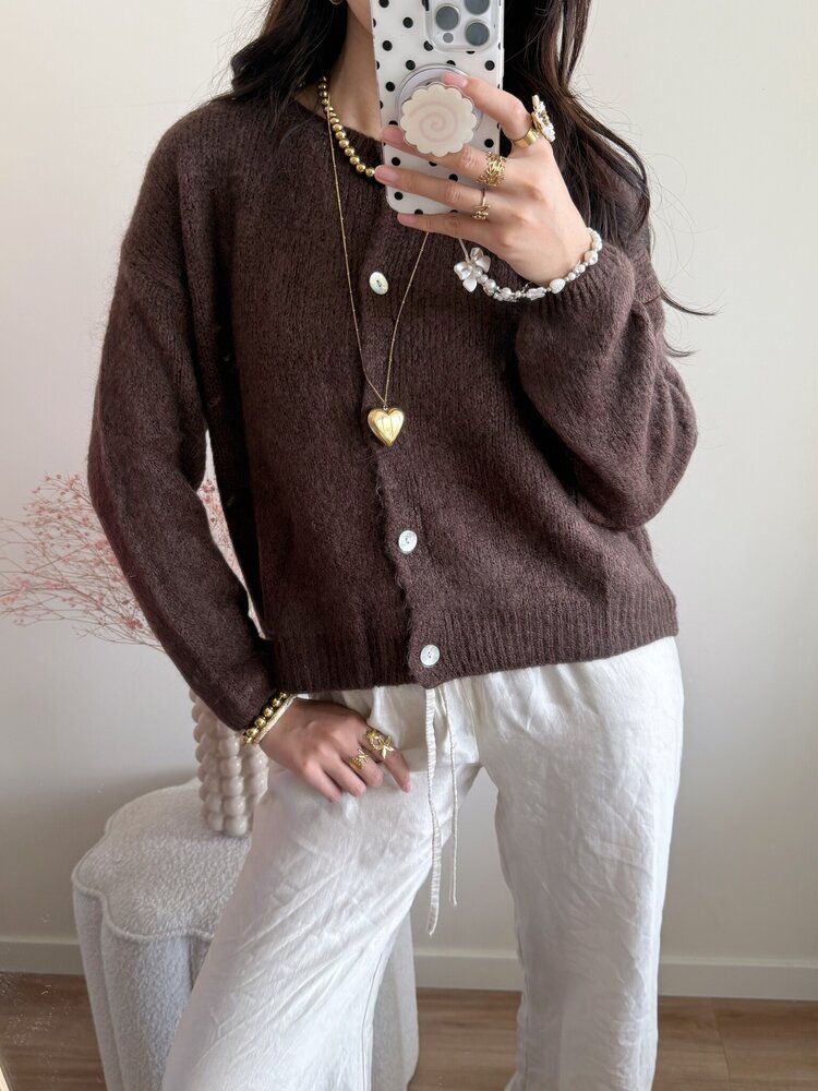 Lydia Fluffy Knit Cardigan / Brown