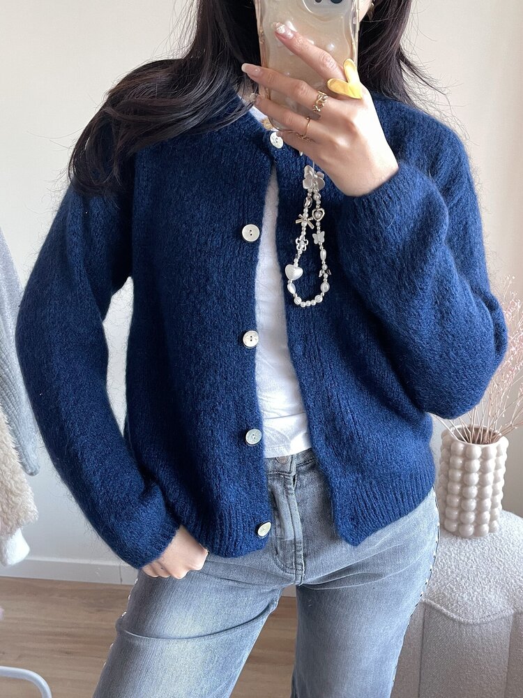 Lydia Fluffy Knit Cardigan / Navy Blue