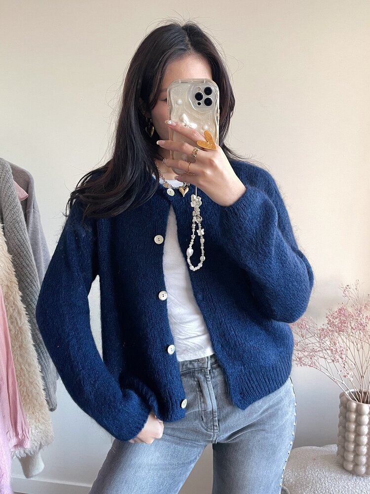 Lydia Fluffy Knit Cardigan / Navy Blue