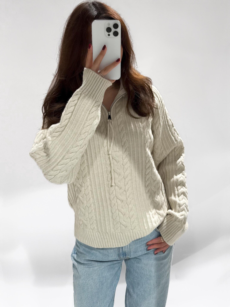 Katie Cable Knit Zip Sweater / Beige