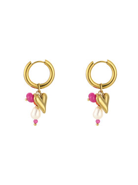 Gold Heart Beaded Earrings / Fuchsia