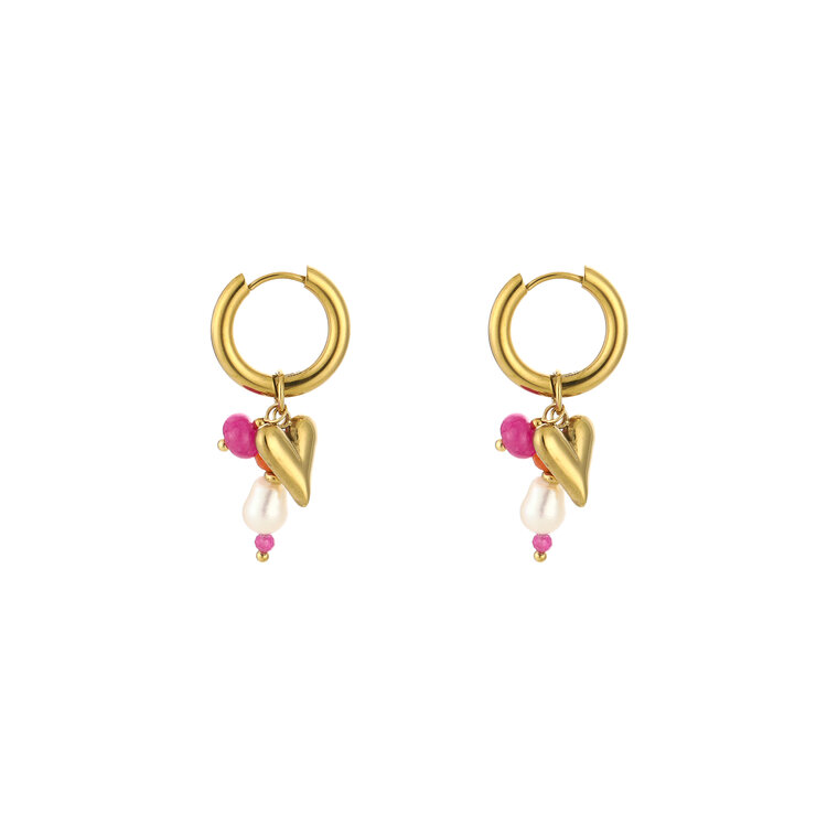 Gold Heart Beaded Earrings / Fuchsia