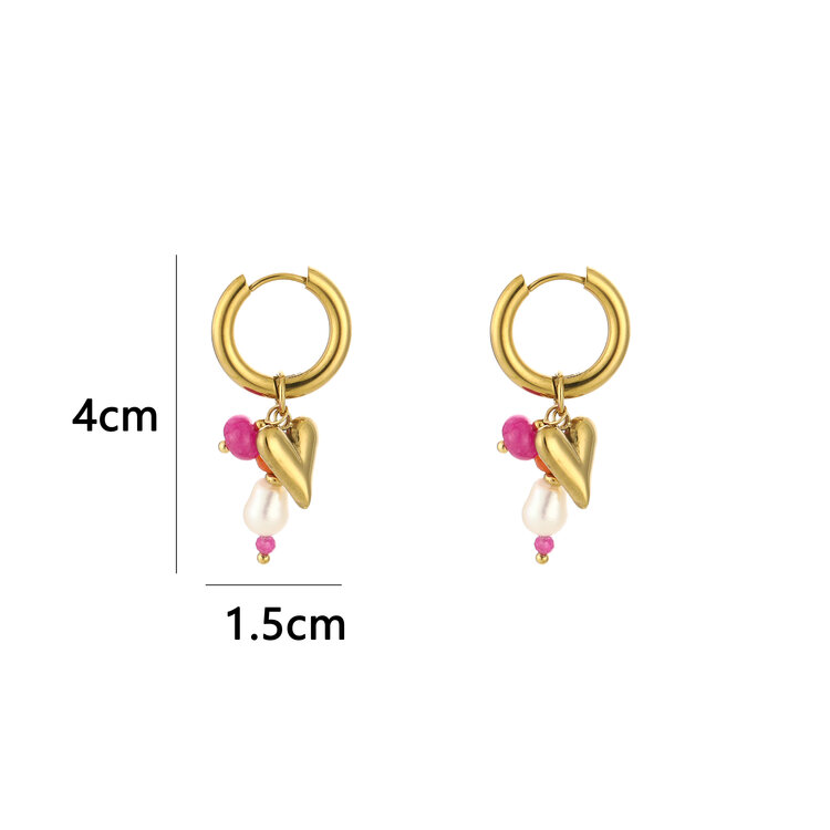 Gold Heart Beaded Earrings / Fuchsia