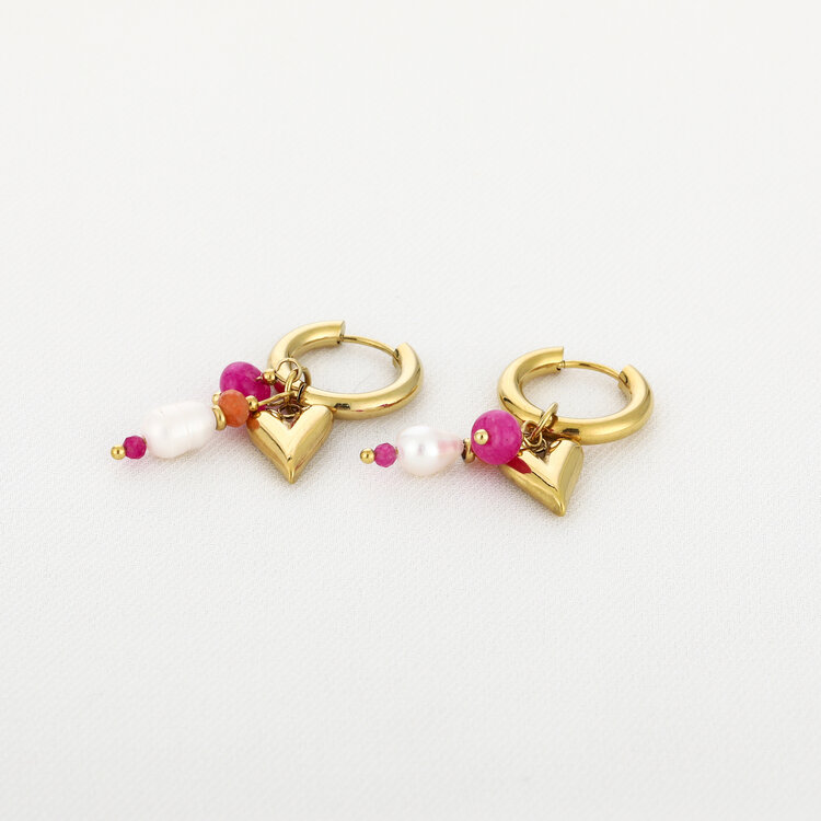 Gold Heart Beaded Earrings / Fuchsia