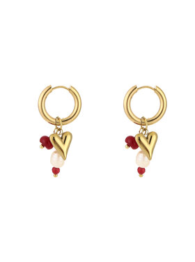 Gold Heart Beaded Earrings / Bordeaux Red