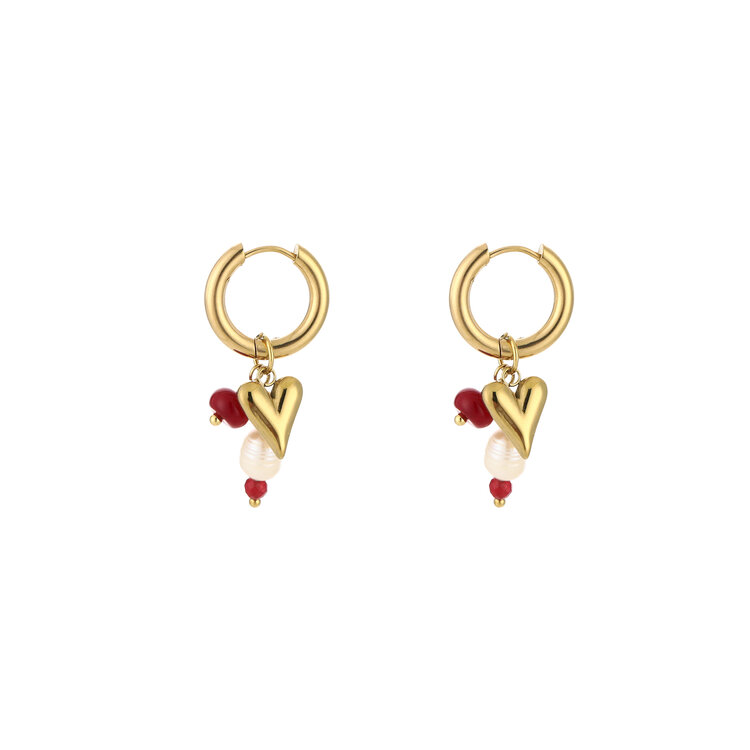 Gold Heart Beaded Earrings / Bordeaux Red