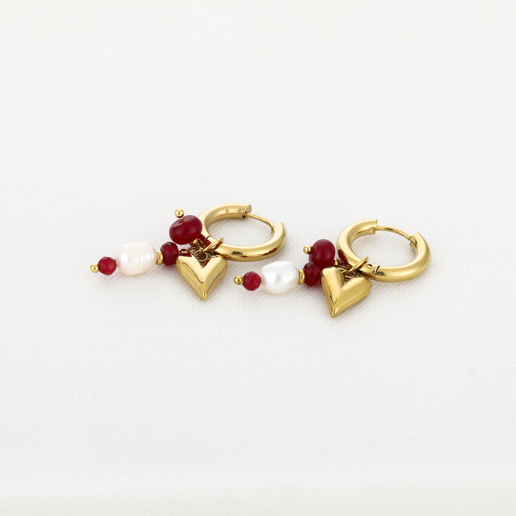 Gold Heart Beaded Earrings / Bordeaux Red