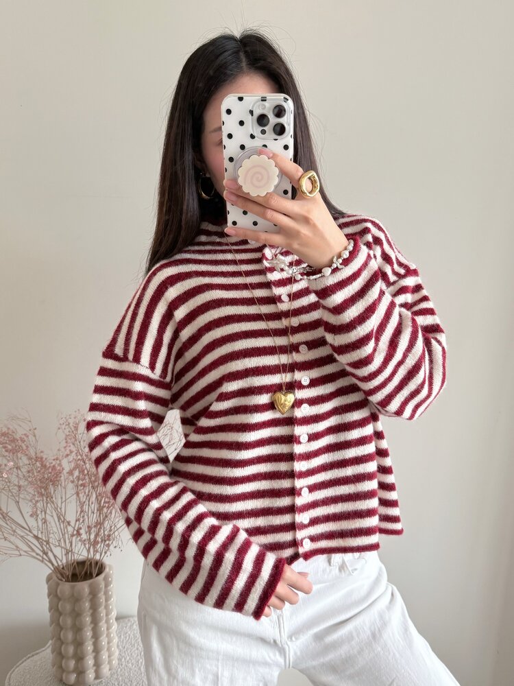 Xenia Striped Knit Cardigan / Red