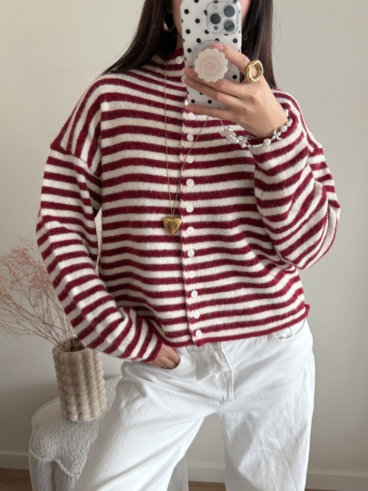 Xenia Striped Knit Cardigan / Red