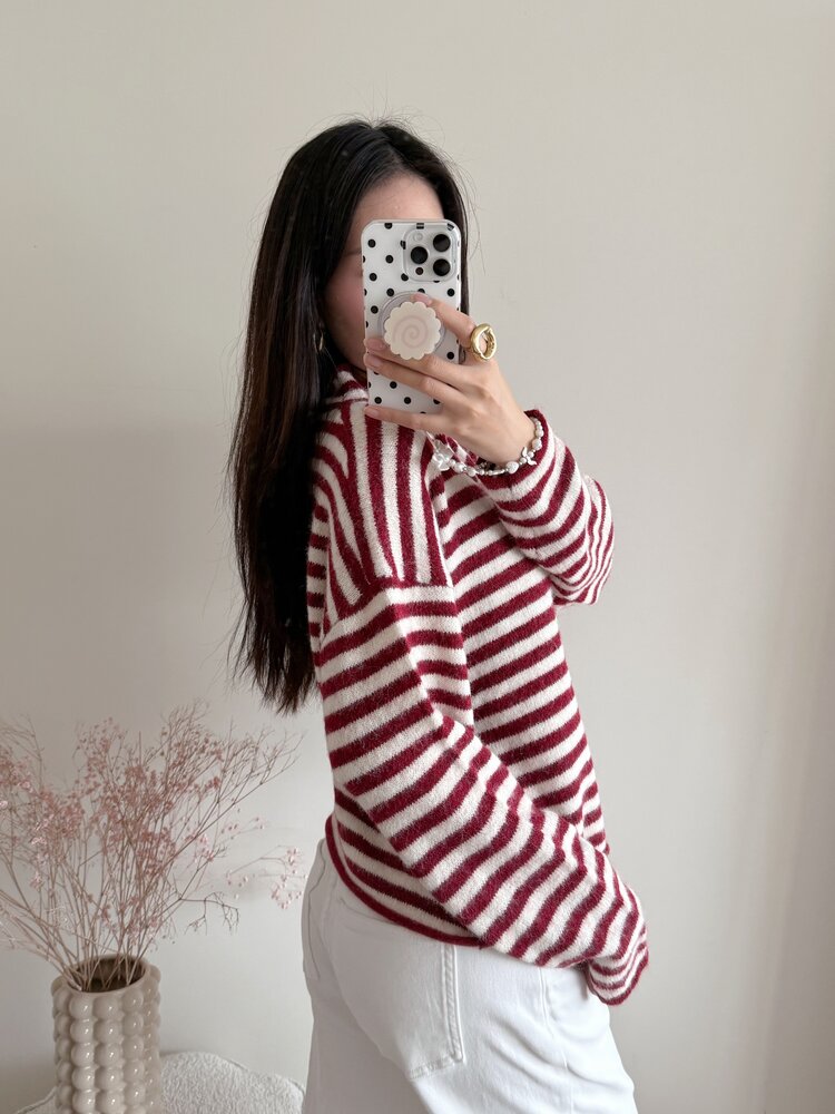 Xenia Striped Knit Cardigan / Red