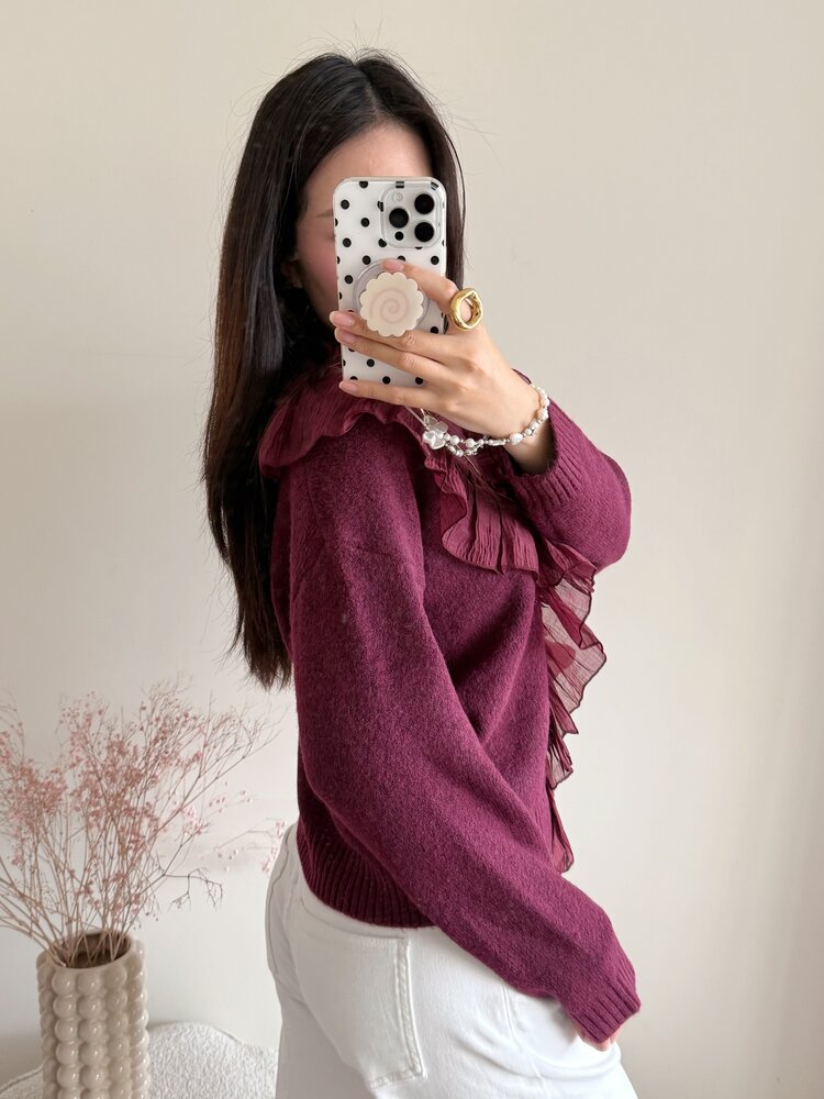 Milly Frill Knit Sweater / Bordeaux Red