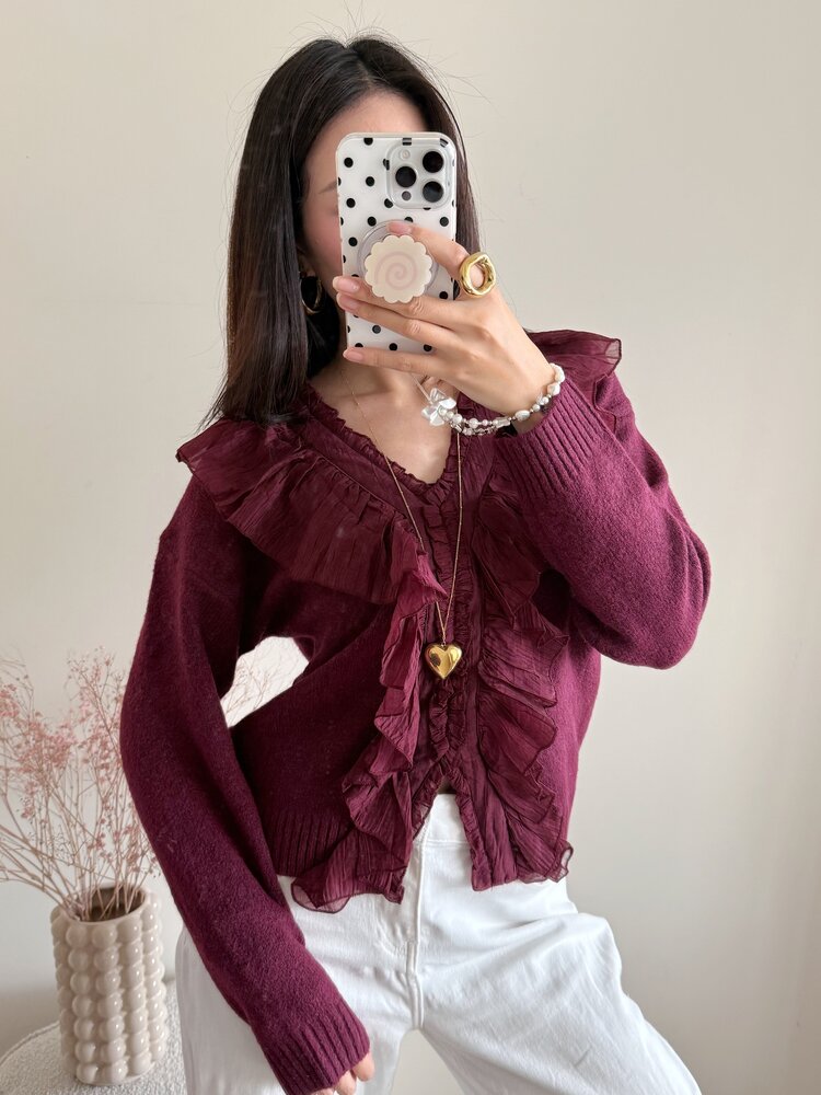 Milly Frill Knit Sweater / Bordeaux Red