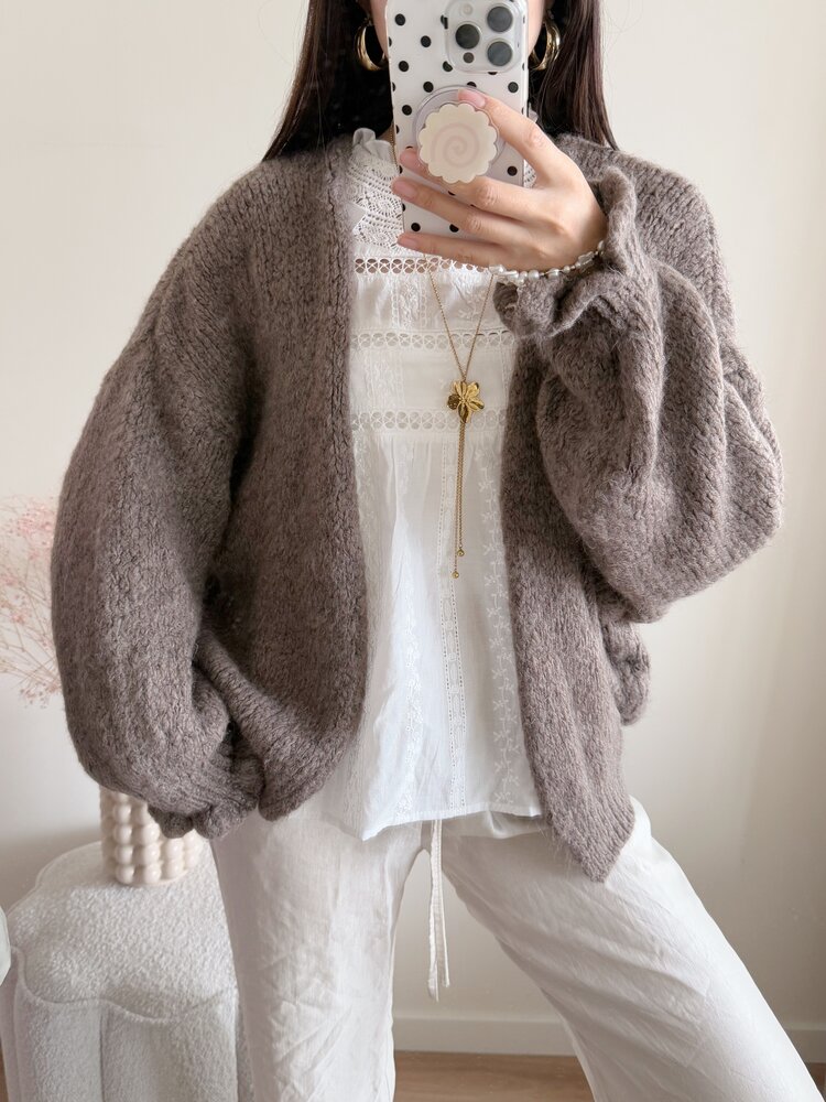 Celia Ruffle Knit Cardigan / Light Brown