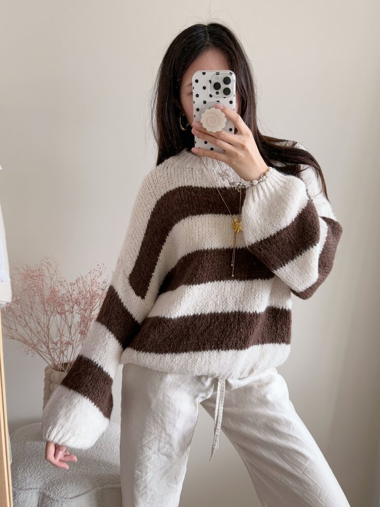 Lucia Oversized Striped Sweater / Beige & Choco Brown
