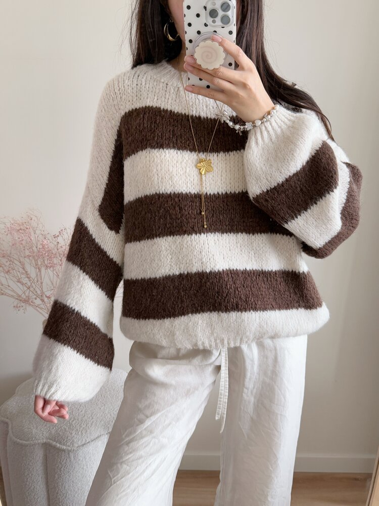 Lucia Oversized Striped Sweater / Beige & Choco Brown