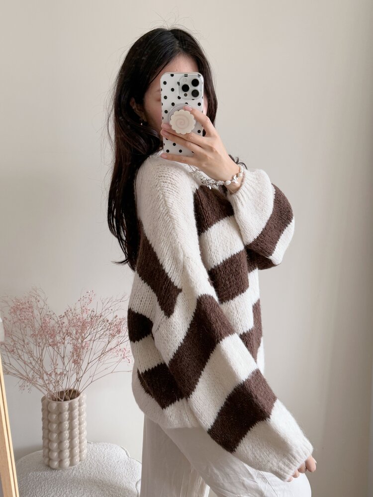Lucia Oversized Striped Sweater / Beige & Choco Brown