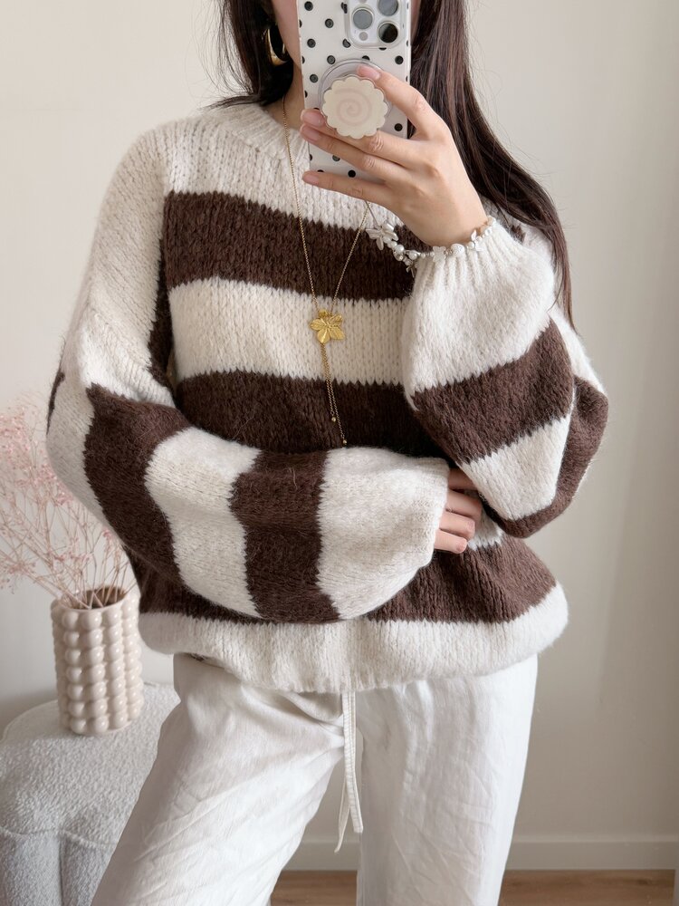 Lucia Oversized Striped Sweater / Beige & Choco Brown