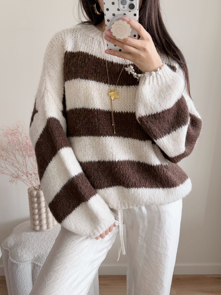 Lucia Oversized Striped Sweater / Beige & Choco Brown