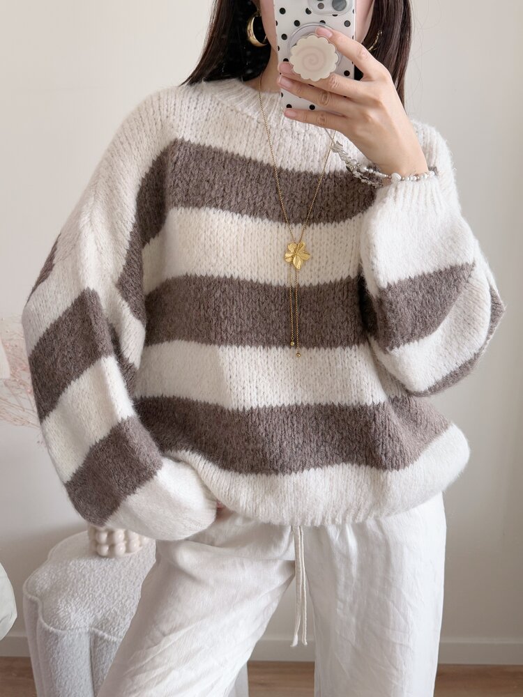 Lucia Oversized Striped Sweater / Beige & Taupe
